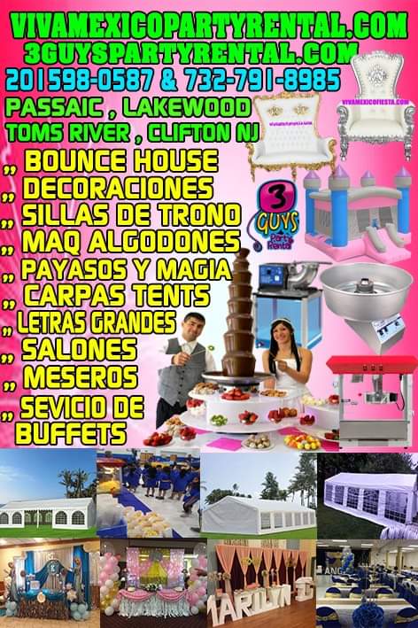 3 GUYS PARTY RENTAL LLC ,  PHONE .  201-598-0587 & 732-791-8985 or TEXT